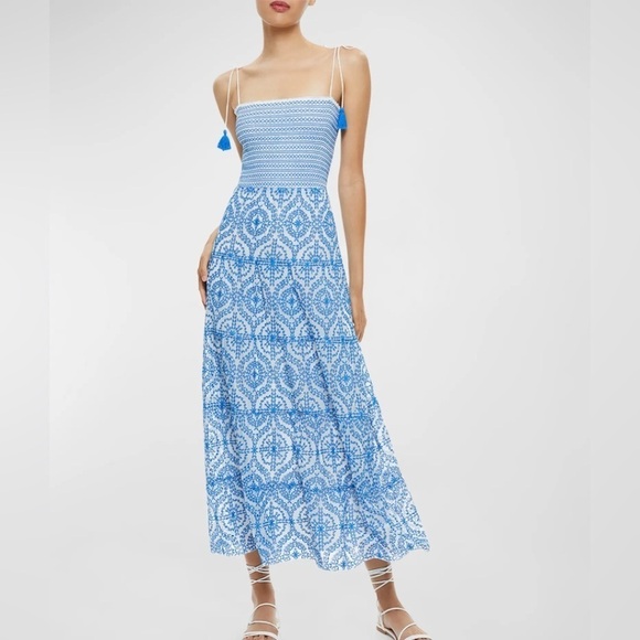 ALICE & OLIVIA Marna Mixed Blue Embroidery Smocked Sundress 12 - Picture 5 of 11